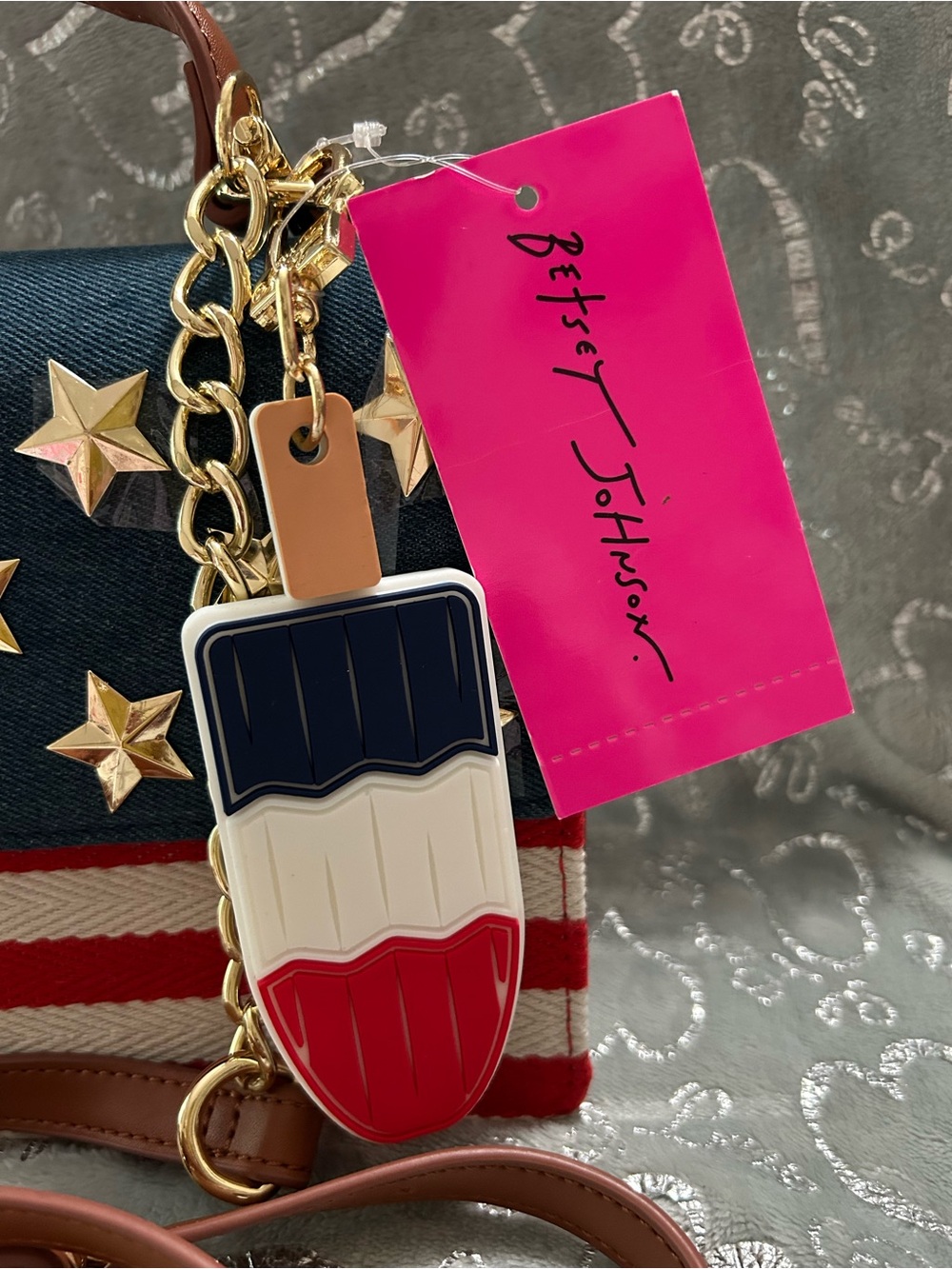 NWT Betsey Johnson, Mini, Red, White & Blue Star Studded Crossbody with Charm - Picture 2 of 12